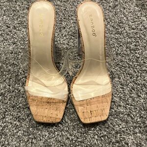 Bamboo Women's Transparent and Tan Cork Heels